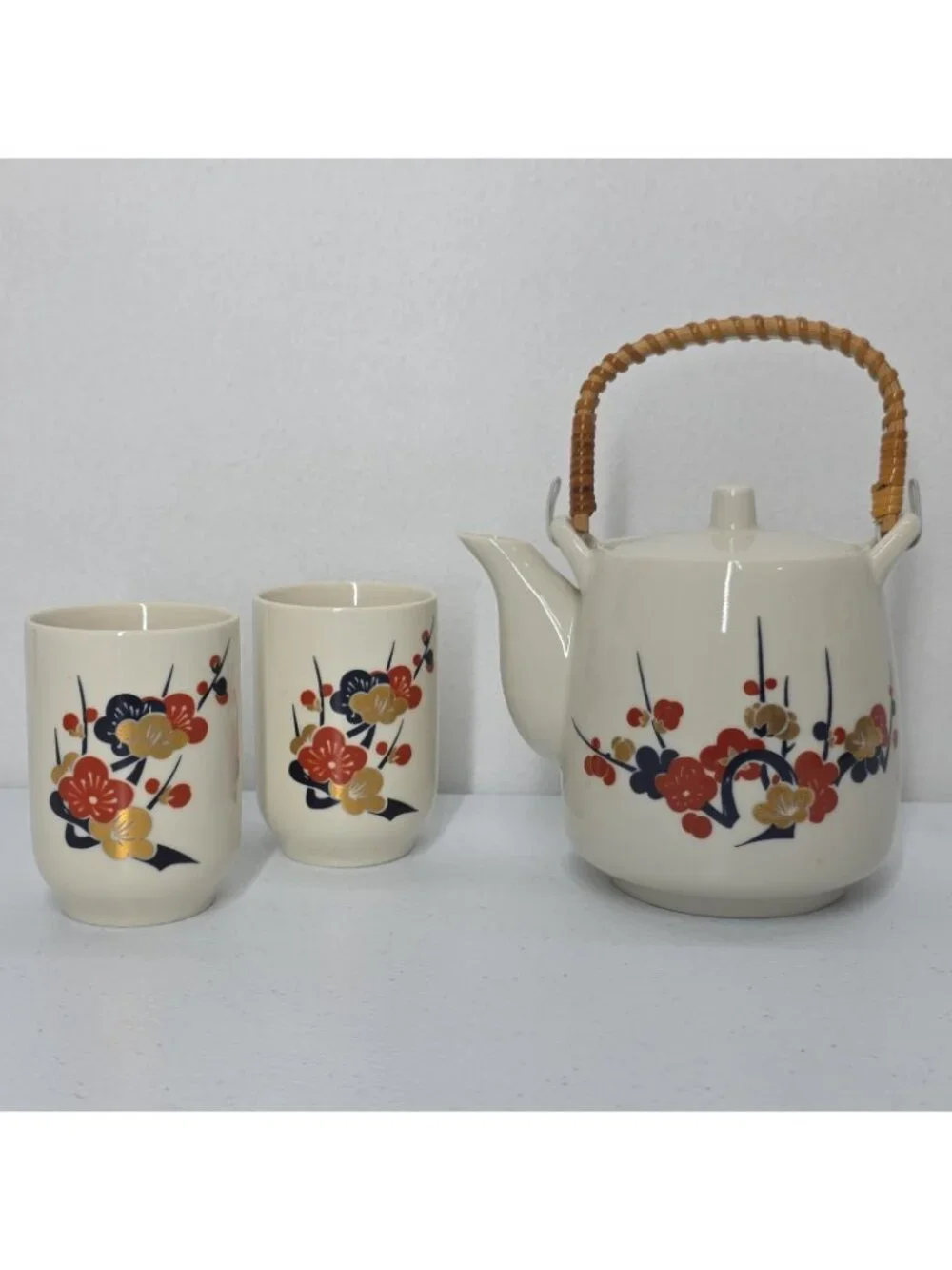 Vtg Kutani Japanese Orange Blossom Gold Saki Tea Set Bamboo Handle Made In Japan